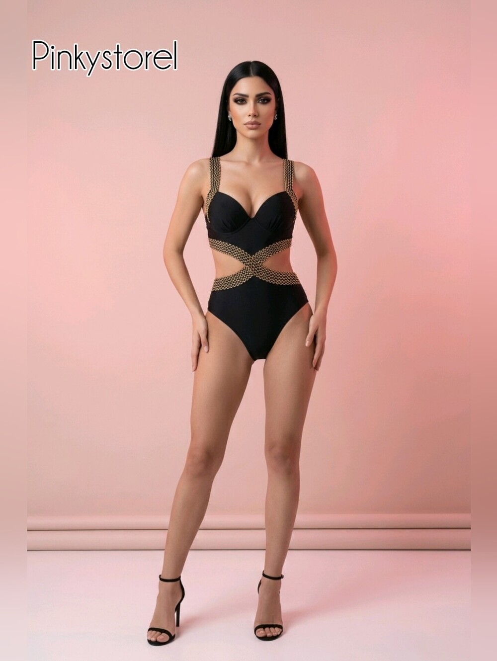 Black One-Piece Swimsuit with Gold Mesh Accents